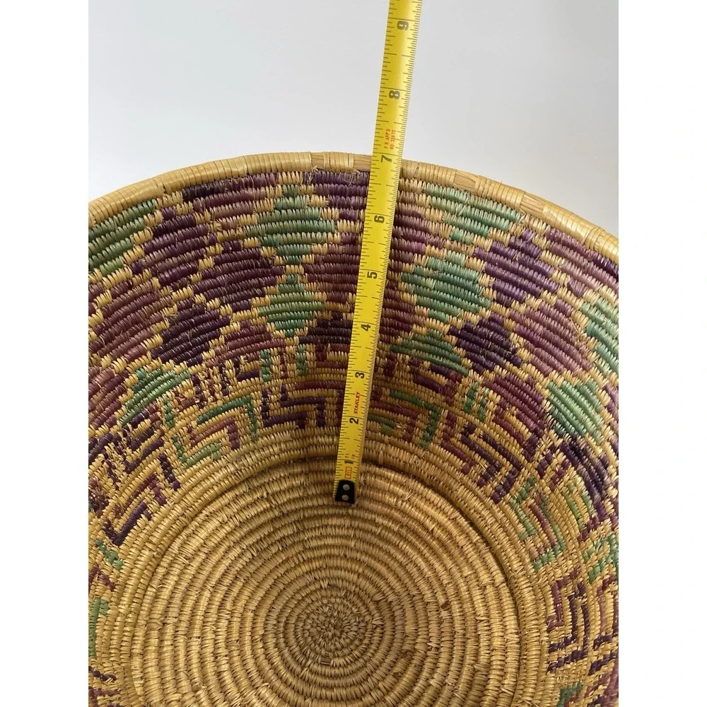 Vintage African Style Handwoven Coil Lidded Basket W/ Colorful Interior Design